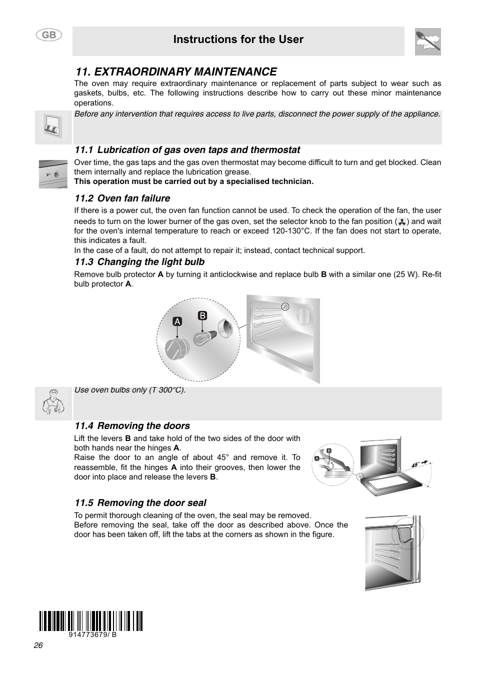 Extraordinary maintenance, 1 lubrication of gas oven taps and thermostat, 2 oven fan failure | 3 changing the light bulb, 4 removing the doors, 5 removing the door seal, Instructions for the user | Smeg C9GGSSA User Manual | Page 24 / 24