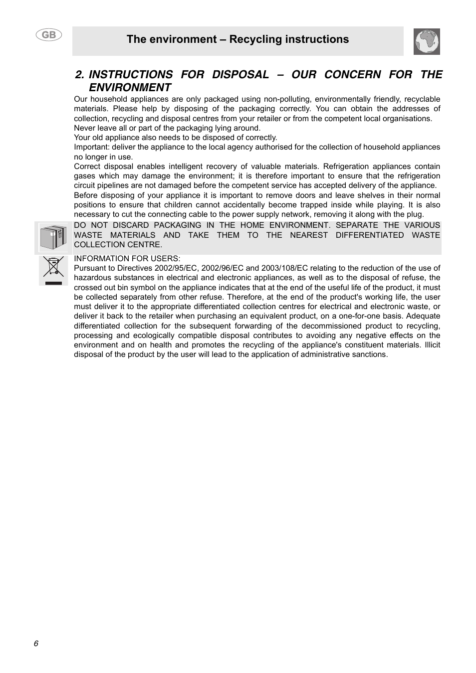 The environment – recycling instructions | Smeg C9GGSSA User Manual | Page 4 / 24