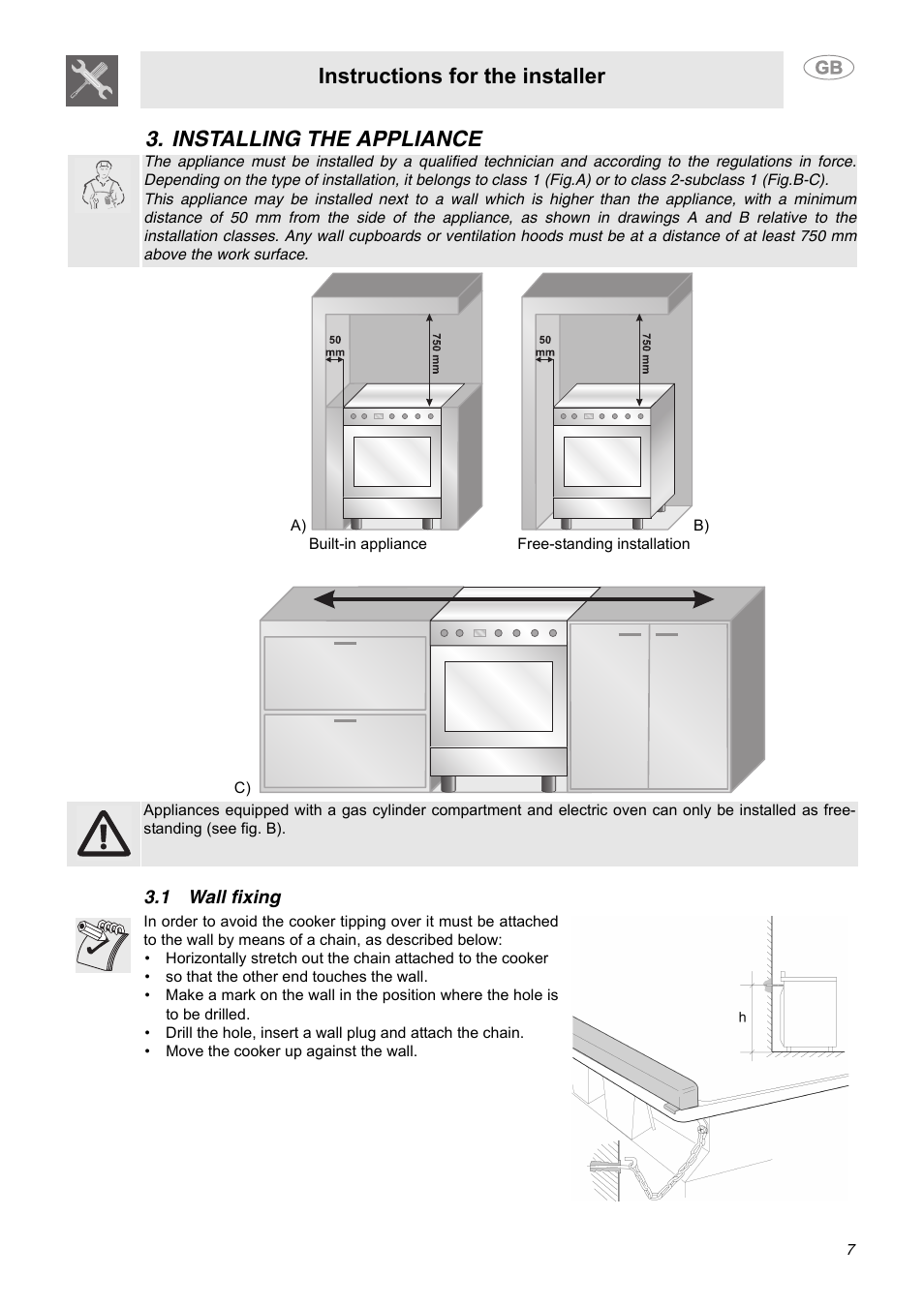 Installing the appliance, 1 wall fixing, Instructions for the installer | Smeg C9GGSSA User Manual | Page 5 / 24