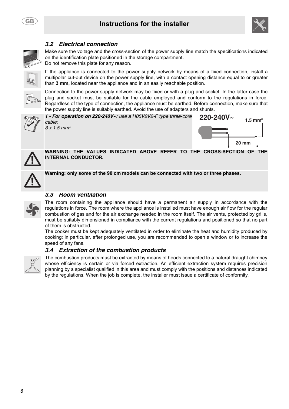 2 electrical connection, 3 room ventilation, 4 extraction of the combustion products | 240v, Instructions for the installer | Smeg C9GGSSA User Manual | Page 6 / 24