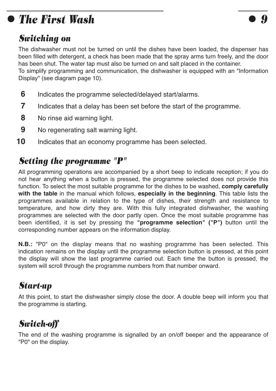 The first wash, Switching on, Start-up | Switch-off, Setting the programme "p | Smeg ADP8252 User Manual | Page 11 / 20