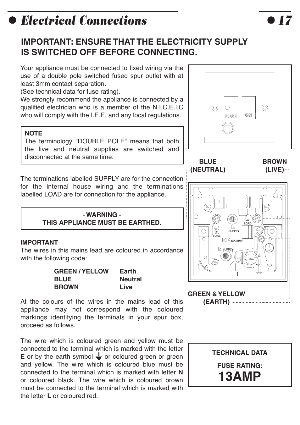 Electrical connections, 13amp | Smeg ADP8252 User Manual | Page 19 / 20