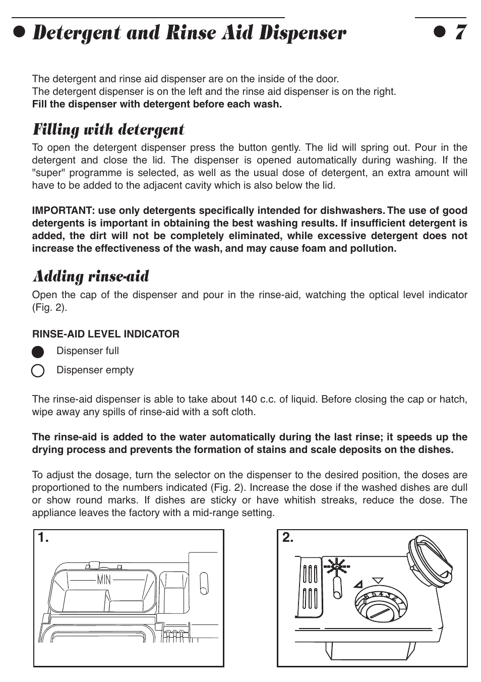 Detergent and rinse aid dispenser, Filling with detergent, Adding rinse-aid | Smeg ADP8252 User Manual | Page 9 / 20