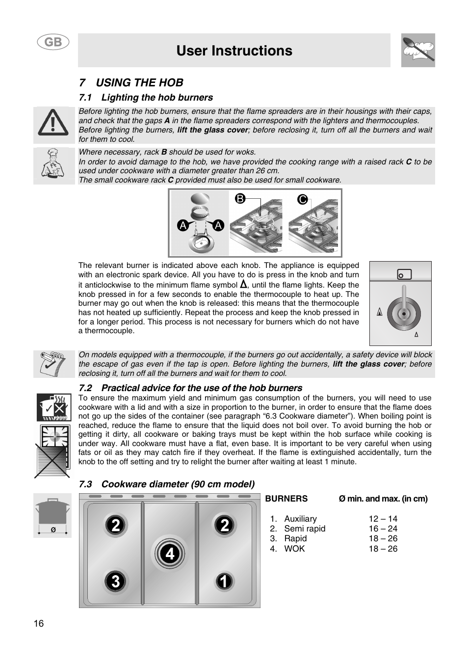 7 using the hob, 1 lighting the hob burners, 2 practical advice for the use of the hob burners | 3 cookware diameter (90 cm model), User instructions | Smeg SA9058X User Manual | Page 14 / 24
