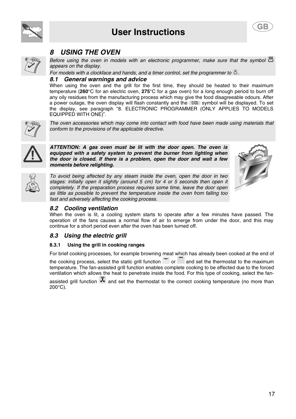 8 using the oven, 1 general warnings and advice, 2 cooling ventilation | 3 using the electric grill, 1 using the grill in cooking ranges, User instructions | Smeg SA9058X User Manual | Page 15 / 24