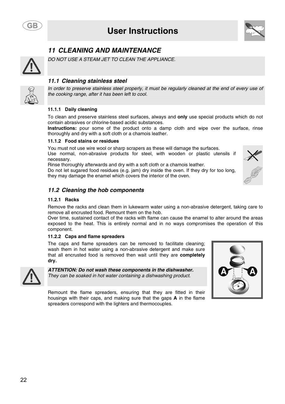 11 cleaning and maintenance, 1 cleaning stainless steel, 1 daily cleaning | 2 food stains or residues, 2 cleaning the hob components, 1 racks, 2 caps and flame spreaders, User instructions | Smeg SA9058X User Manual | Page 20 / 24