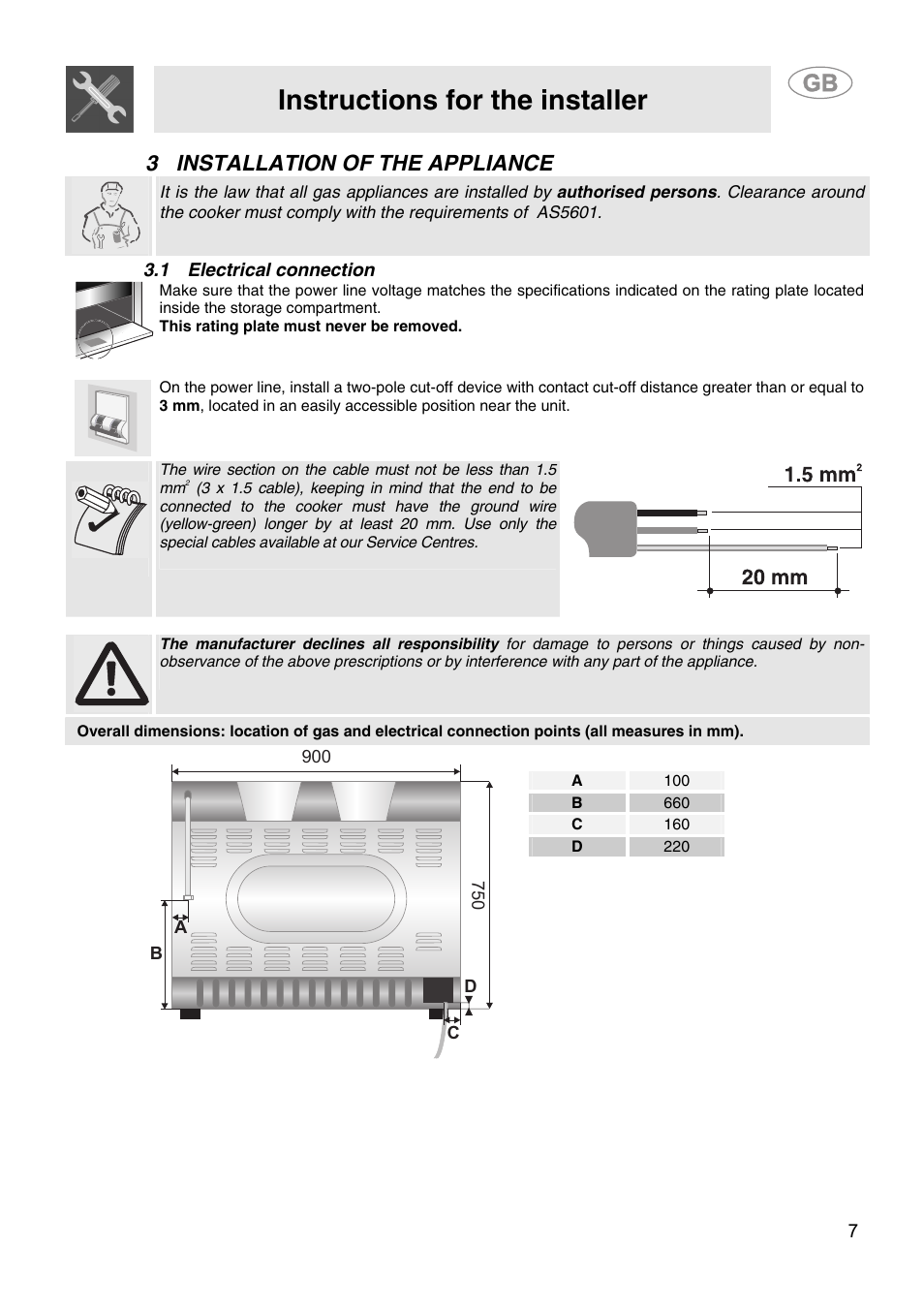 3 installation of the appliance, 1 electrical connection, Instructions for the installer | Smeg SA9058X User Manual | Page 5 / 24