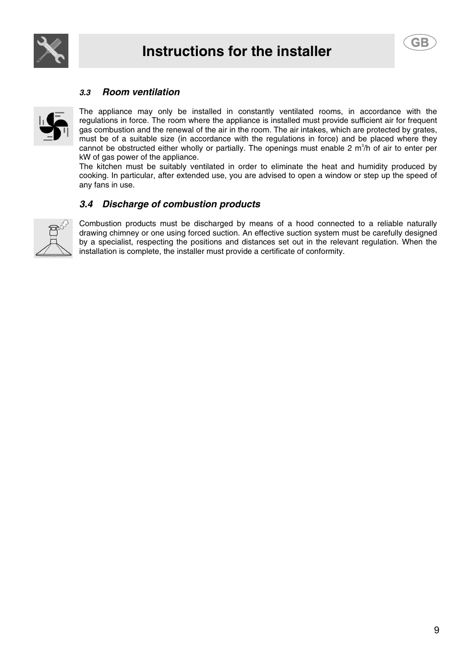 3 room ventilation, 4 discharge of combustion products, Instructions for the installer | Smeg SA9058X User Manual | Page 7 / 24