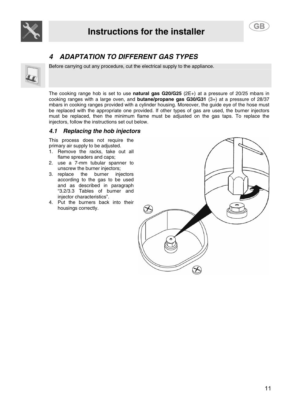4 adaptation to different gas types, 1 replacing the hob injectors, Instructions for the installer | Smeg SA9058X User Manual | Page 9 / 24