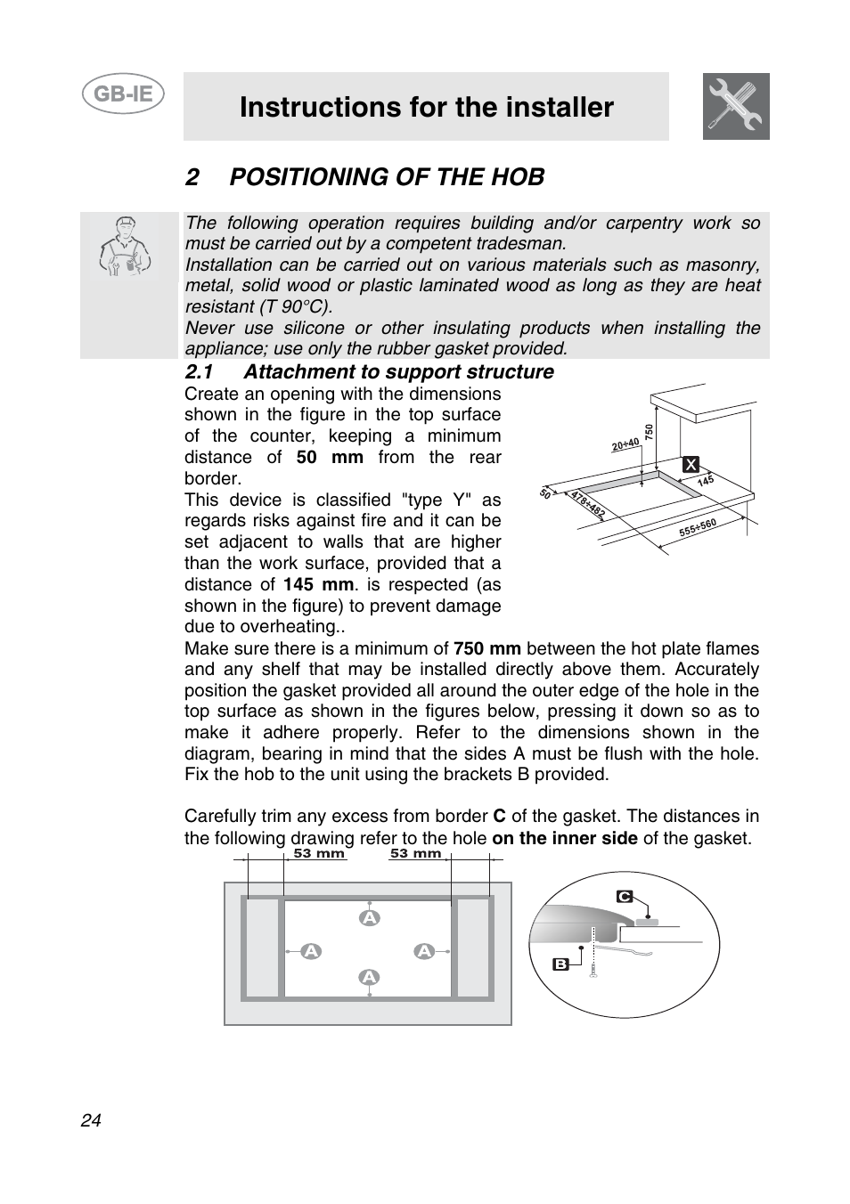 2 positioning of the hob, 1 attachment to support structure, Instructions for the installer | Smeg SDR575XG5 User Manual | Page 4 / 18