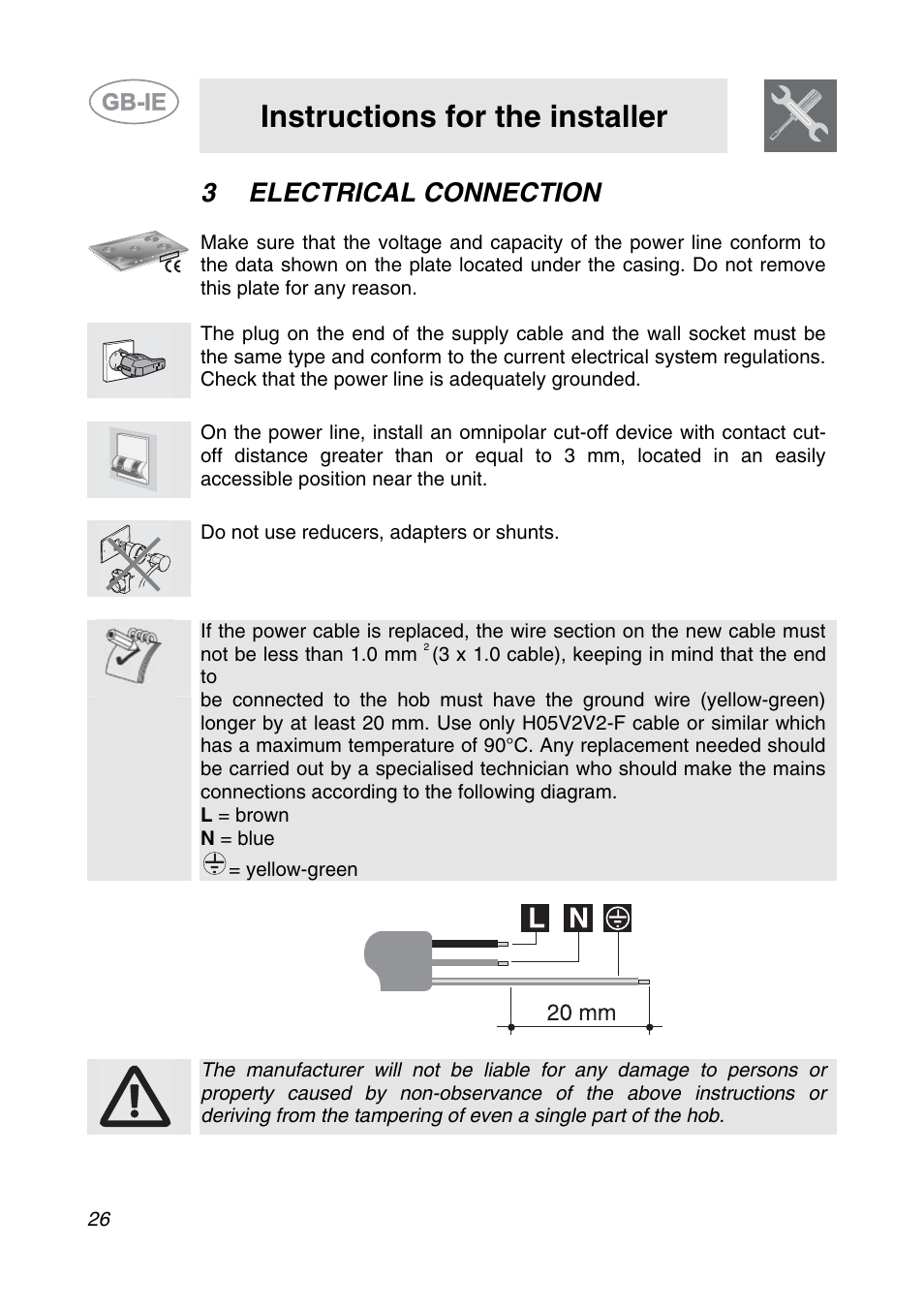 3 electrical connection, Instructions for the installer | Smeg SDR575XG5 User Manual | Page 6 / 18