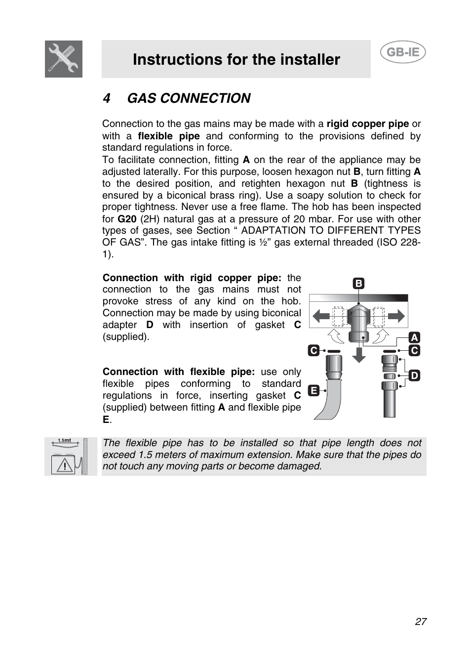 4 gas connection, Instructions for the installer | Smeg SDR575XG5 User Manual | Page 7 / 18