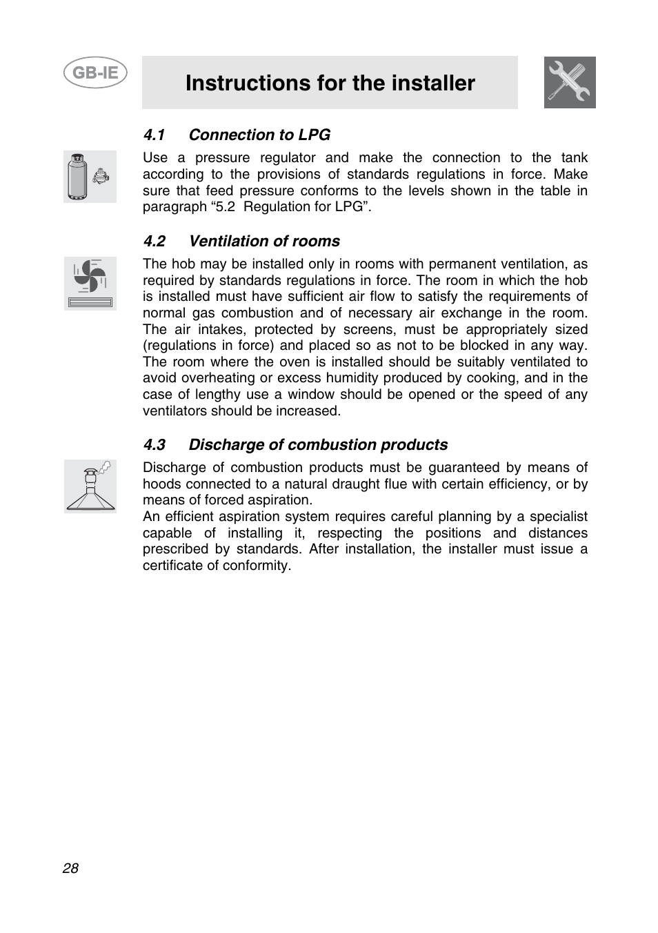 1 connection to lpg, 2 ventilation of rooms, 3 discharge of combustion products | Instructions for the installer | Smeg SDR575XG5 User Manual | Page 8 / 18