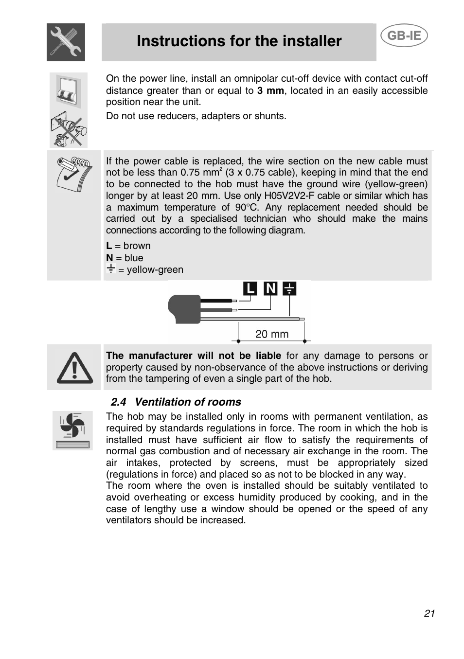 Instructions for the installer | Smeg A21A0XXAA User Manual | Page 6 / 13