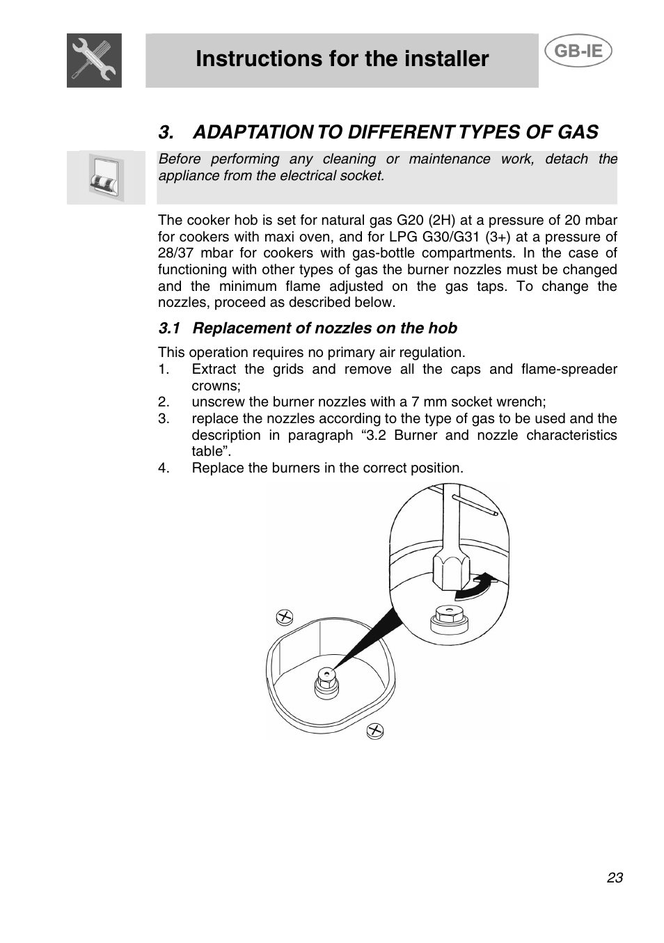 Instructions for the installer, Adaptation to different types of gas | Smeg A21A0XXAA User Manual | Page 8 / 13