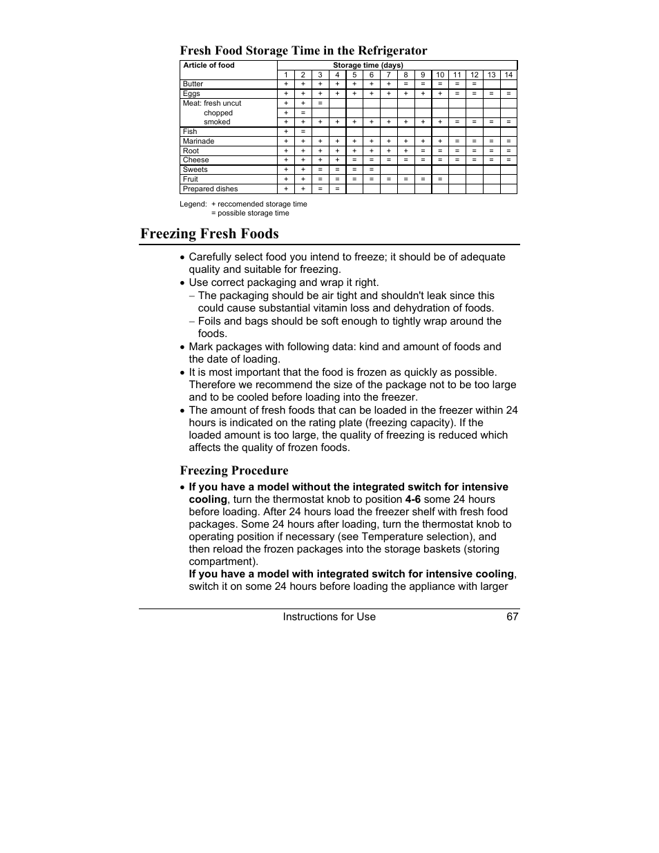 Freezing fresh foods, Fresh food storage time in the refrigerator, Freezing procedure | Instructions for use 67 | Smeg CR321A User Manual | Page 11 / 24