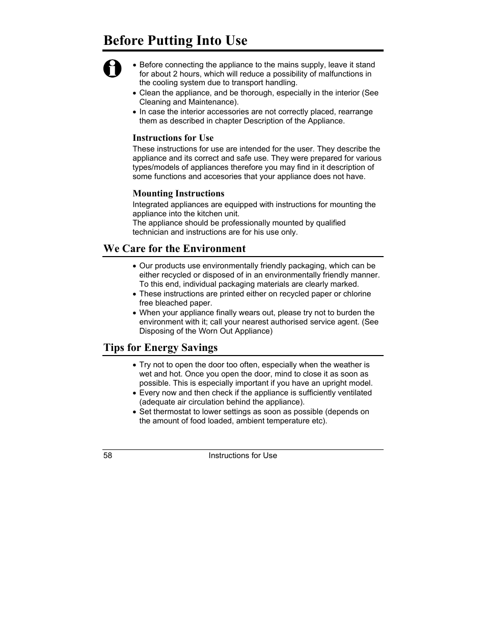 Before putting into use, We care for the environment, Tips for energy savings | Smeg CR321A User Manual | Page 2 / 24