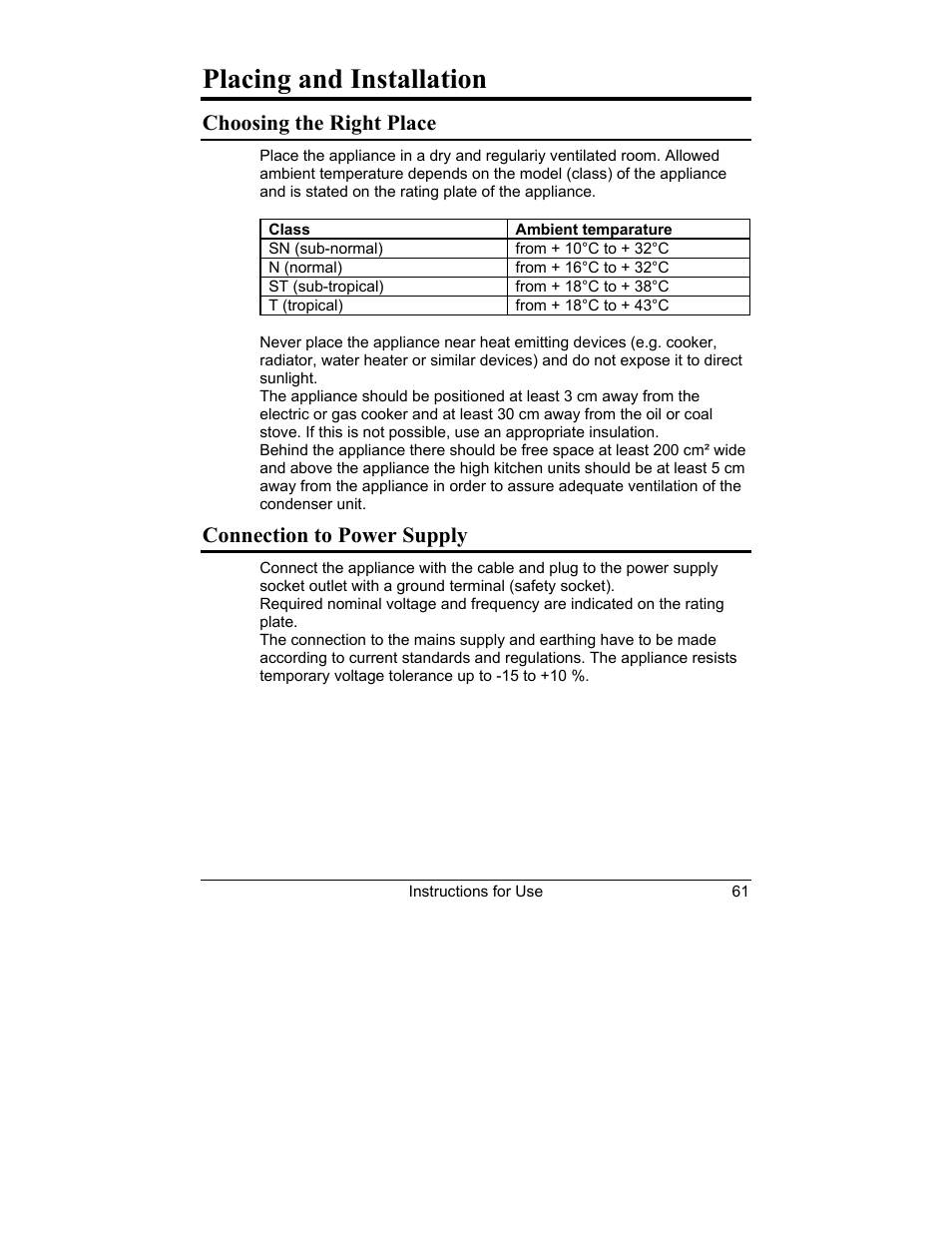 Placing and installation, Choosing the right place, Connection to power supply | Smeg CR321A User Manual | Page 5 / 24