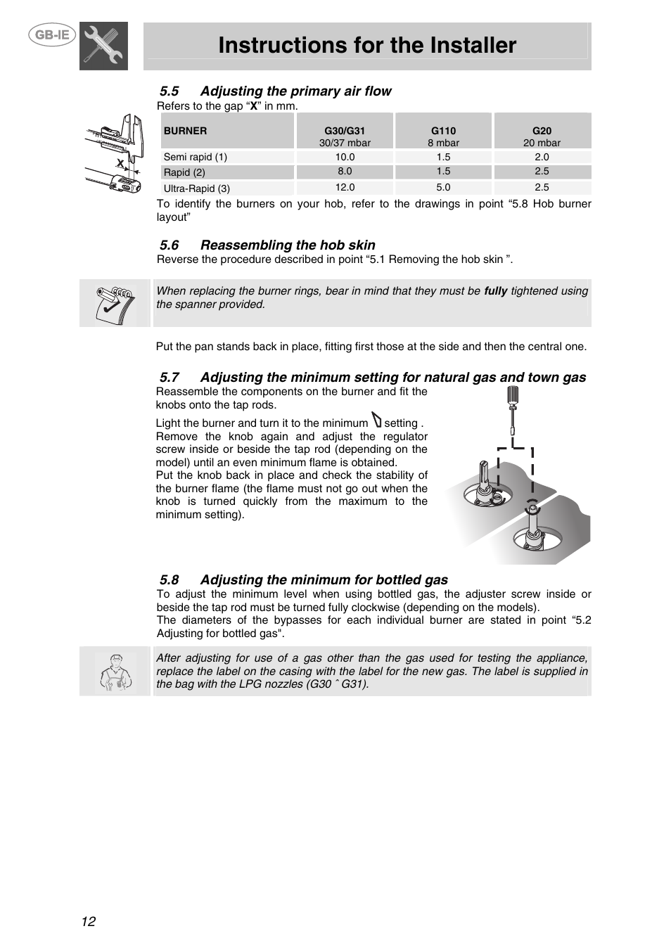 Adjusting the primary air flow, 6 reassembling the hob skin, 8 adjusting the minimum for bottled gas | Reassembling the hob skin, Adjusting the minimum for bottled gas, Instructions for the installer, 12 5.5 adjusting the primary air flow | Smeg PTS723-3 User Manual | Page 10 / 16