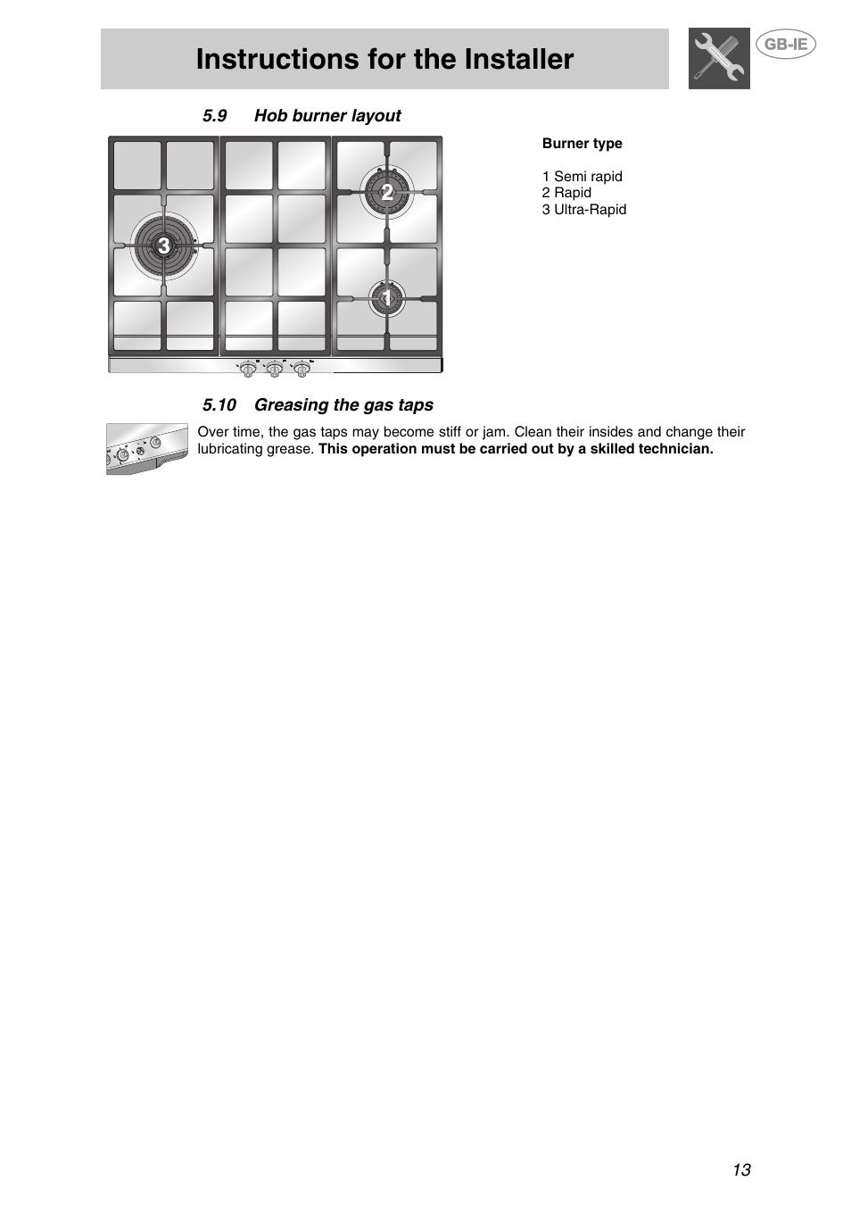 9 hob burner layout, 10 greasing the gas taps, Hob burner layout | Greasing the gas taps, Instructions for the installer | Smeg PTS723-3 User Manual | Page 11 / 16