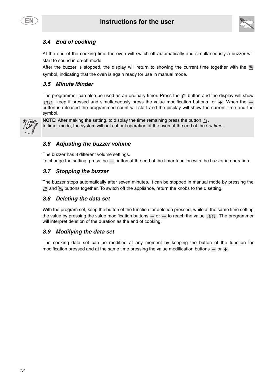 4 end of cooking, 5 minute minder, 6 adjusting the buzzer volume | 7 stopping the buzzer, 8 deleting the data set, 9 modifying the data set, Instructions for the user | Smeg A1CXU6 User Manual | Page 10 / 22