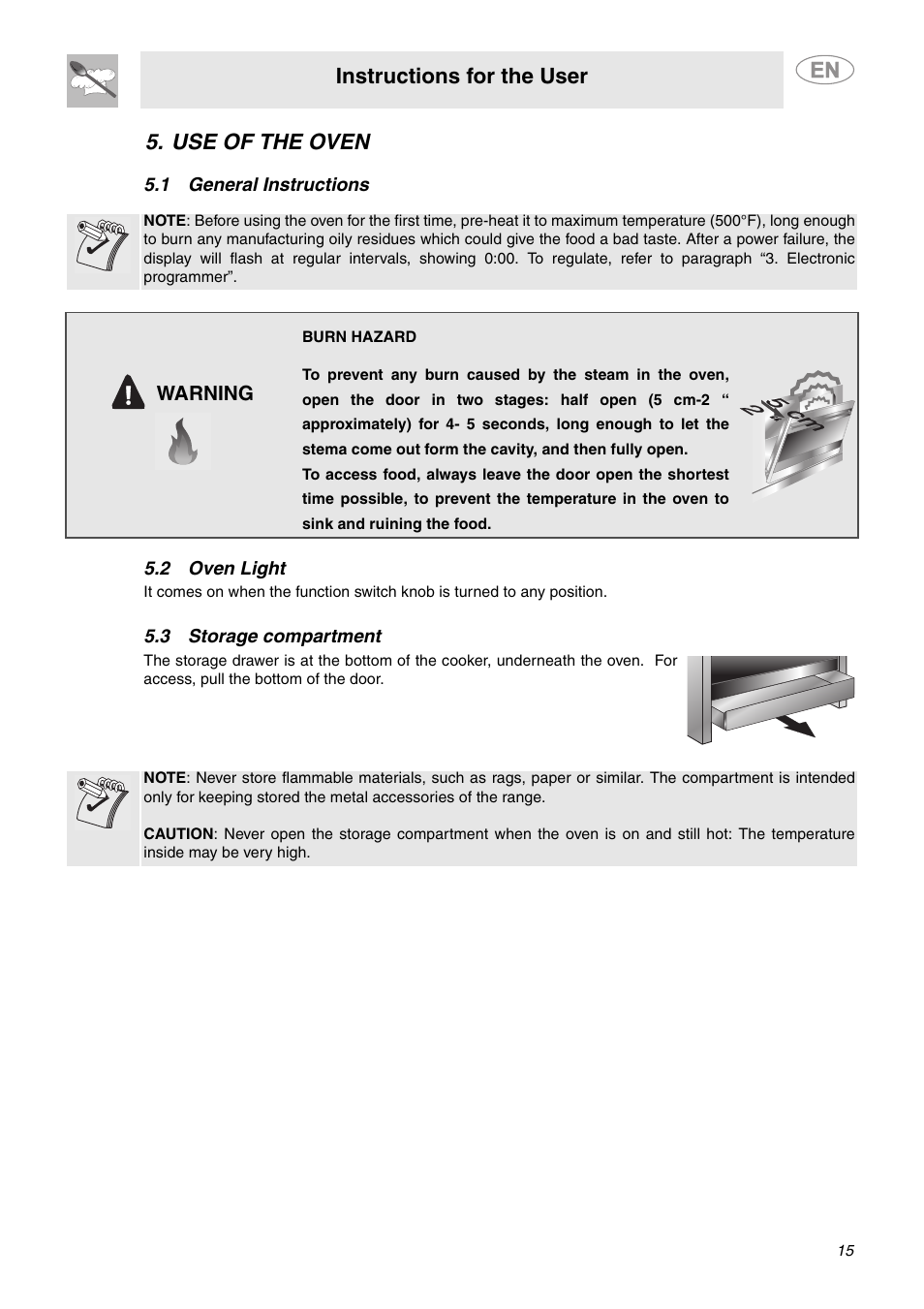 Use of the oven, 1 general instructions, 2 oven light | 3 storage compartment, Instructions for the user | Smeg A1CXU6 User Manual | Page 13 / 22