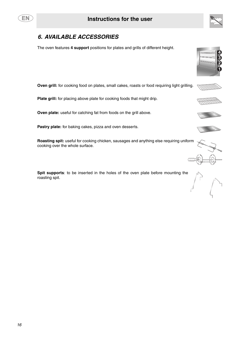 Available accessories, Instructions for the user | Smeg A1CXU6 User Manual | Page 14 / 22