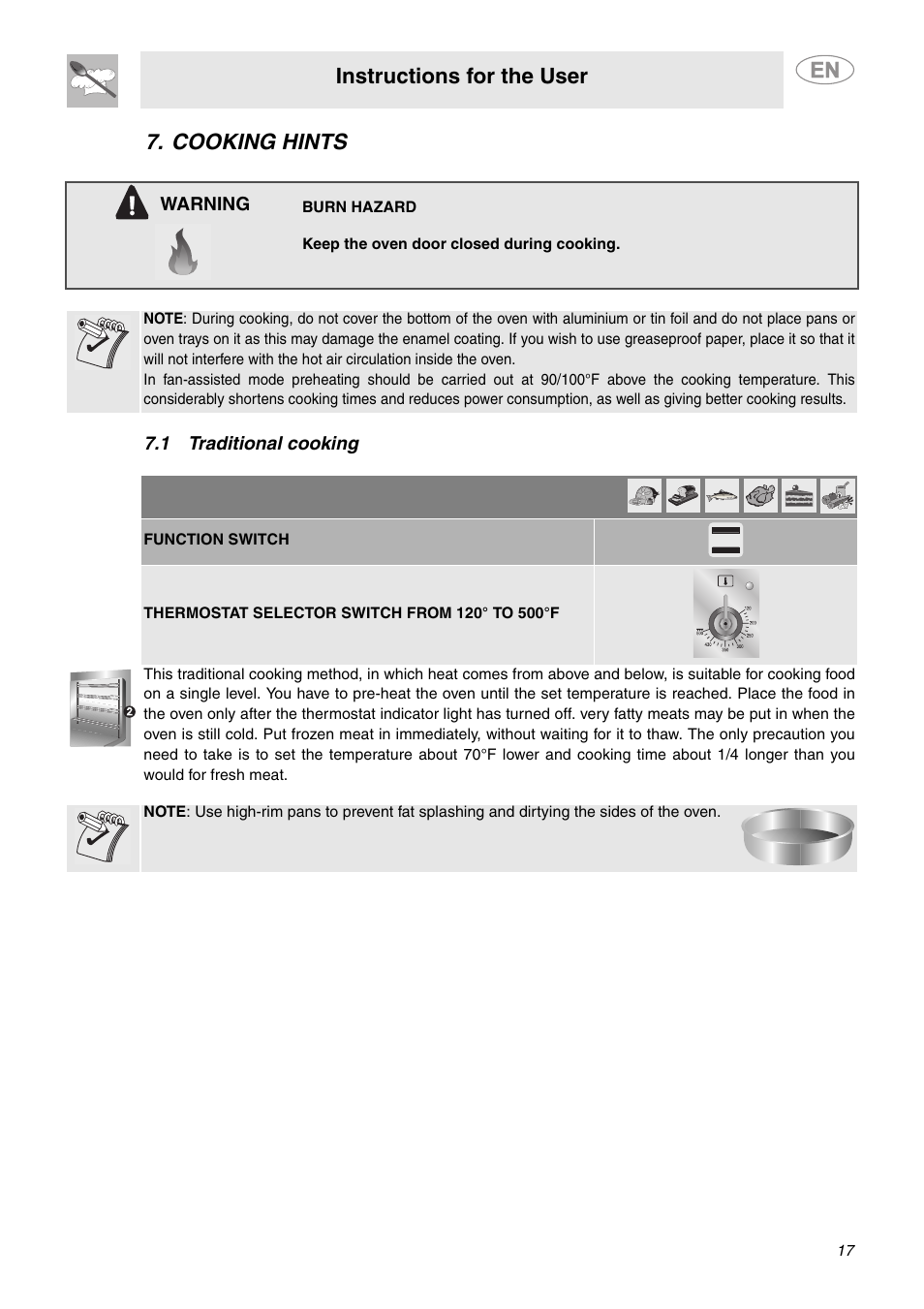 Cooking hints, 1 traditional cooking, Instructions for the user | Warning | Smeg A1CXU6 User Manual | Page 15 / 22