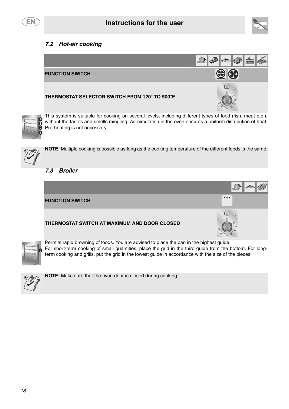 2 hot-air cooking, 3 broiler, 2 hot-air cooking 7.3 broiler | Instructions for the user | Smeg A1CXU6 User Manual | Page 16 / 22