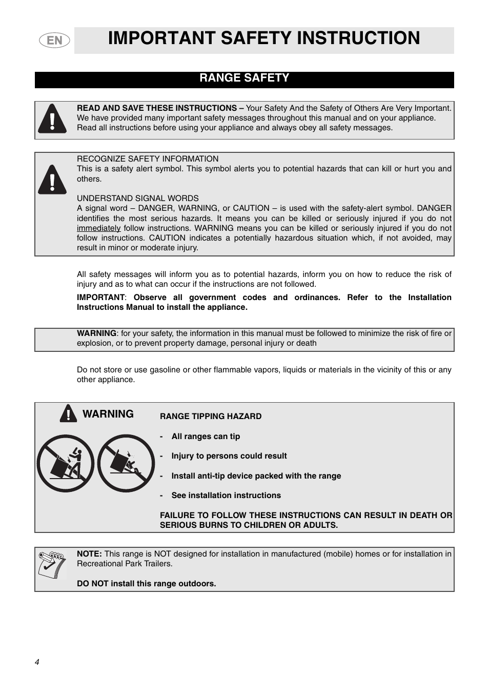 Important safety instruction, Range safety, Warning | Smeg A1CXU6 User Manual | Page 2 / 22