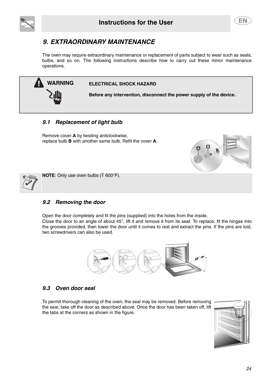 Extraordinary maintenance, 1 replacement of light bulb, 2 removing the door | 3 oven door seal, Instructions for the user | Smeg A1CXU6 User Manual | Page 22 / 22