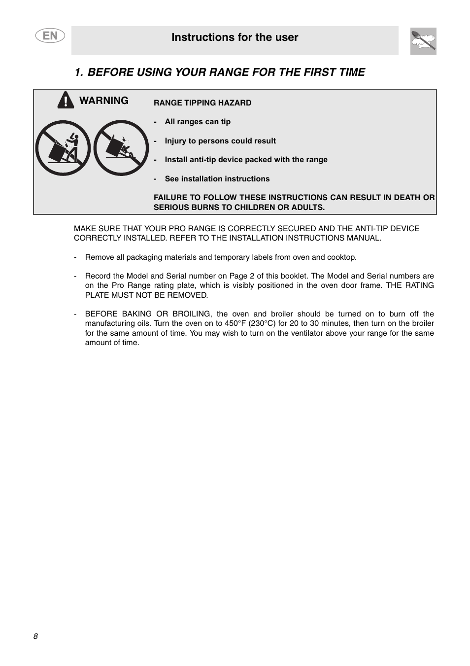 Before using your range for the first time, Instructions for the user, Warning | Smeg A1CXU6 User Manual | Page 6 / 22