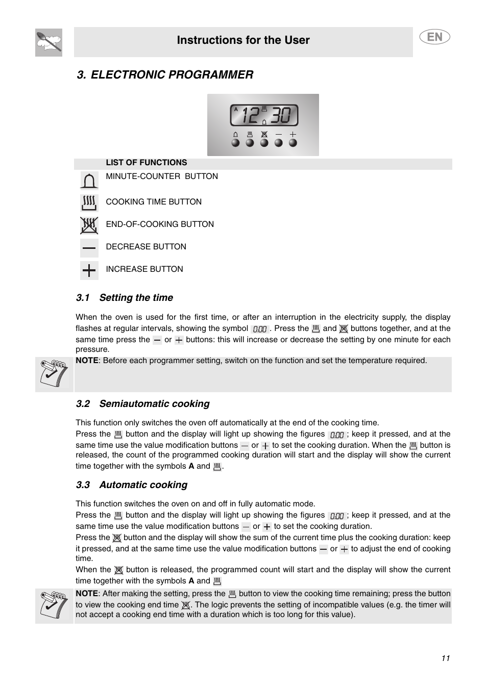 Electronic programmer, 1 setting the time, 2 semiautomatic cooking | 3 automatic cooking, Instructions for the user | Smeg A1CXU6 User Manual | Page 9 / 22