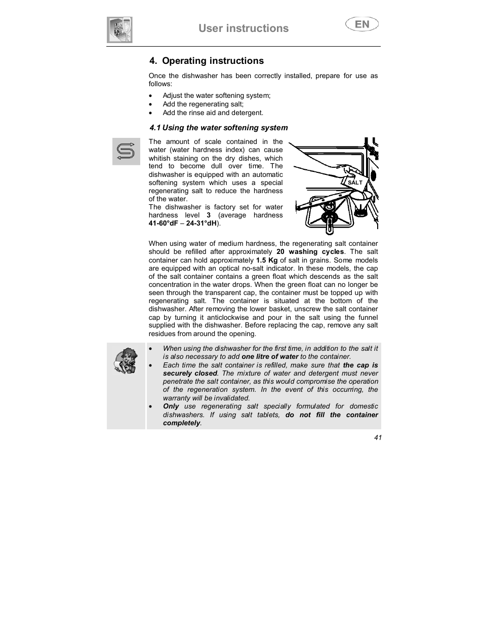 User instructions, Operating instructions | Smeg DWD409WH User Manual | Page 13 / 31