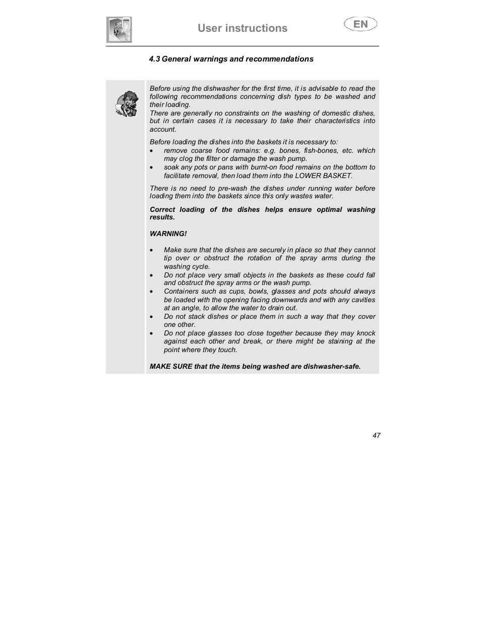 User instructions | Smeg DWD409WH User Manual | Page 19 / 31