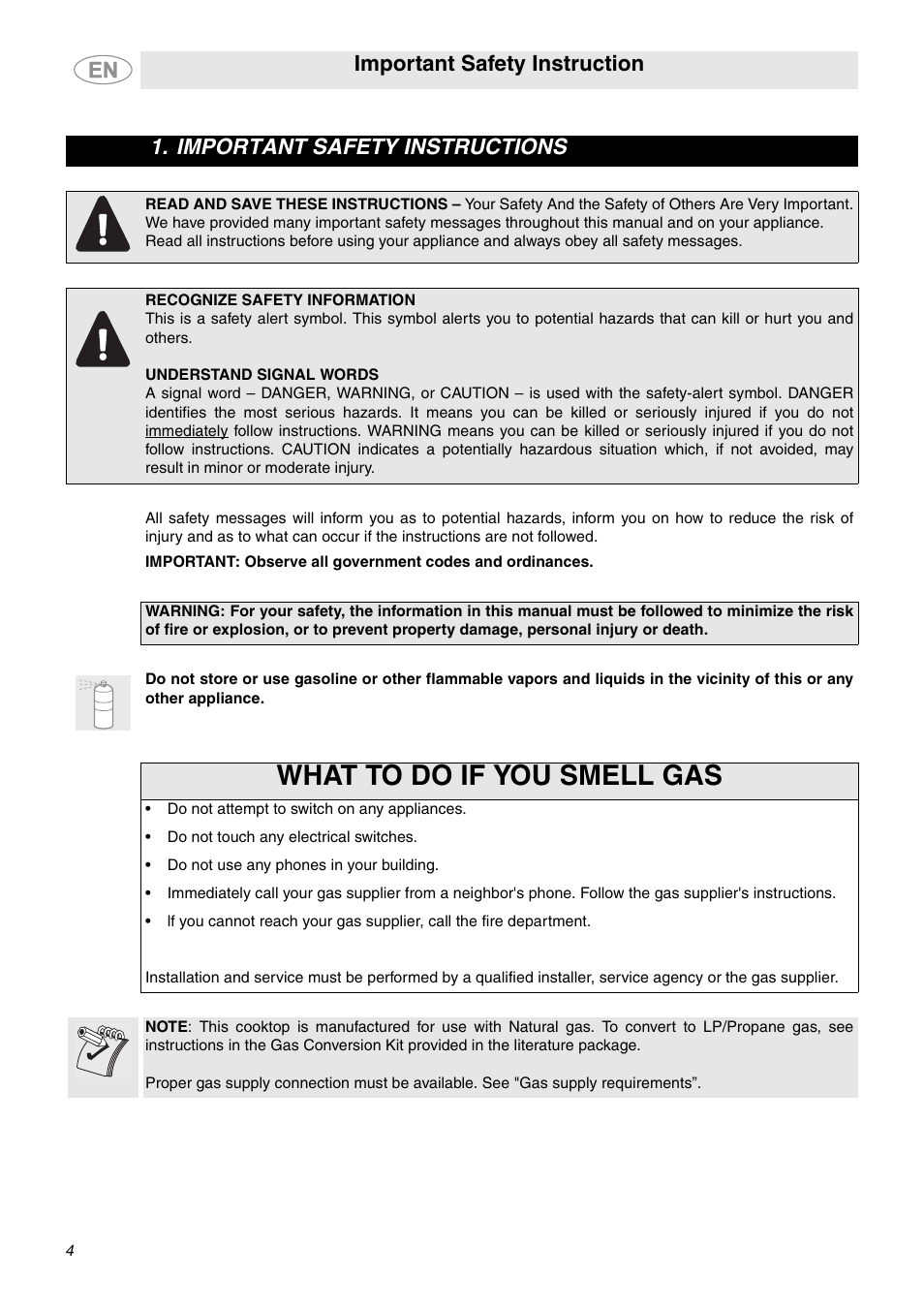 Important safety instructions, What to do if you smell gas, Important safety instruction | Smeg PGF75SCU3 User Manual | Page 2 / 8