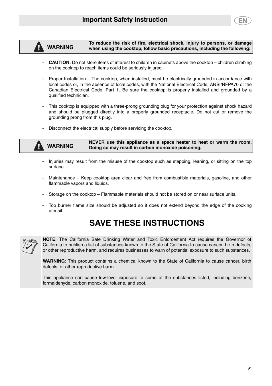 Save these instructions, Important safety instruction | Smeg PGF75SCU3 User Manual | Page 3 / 8