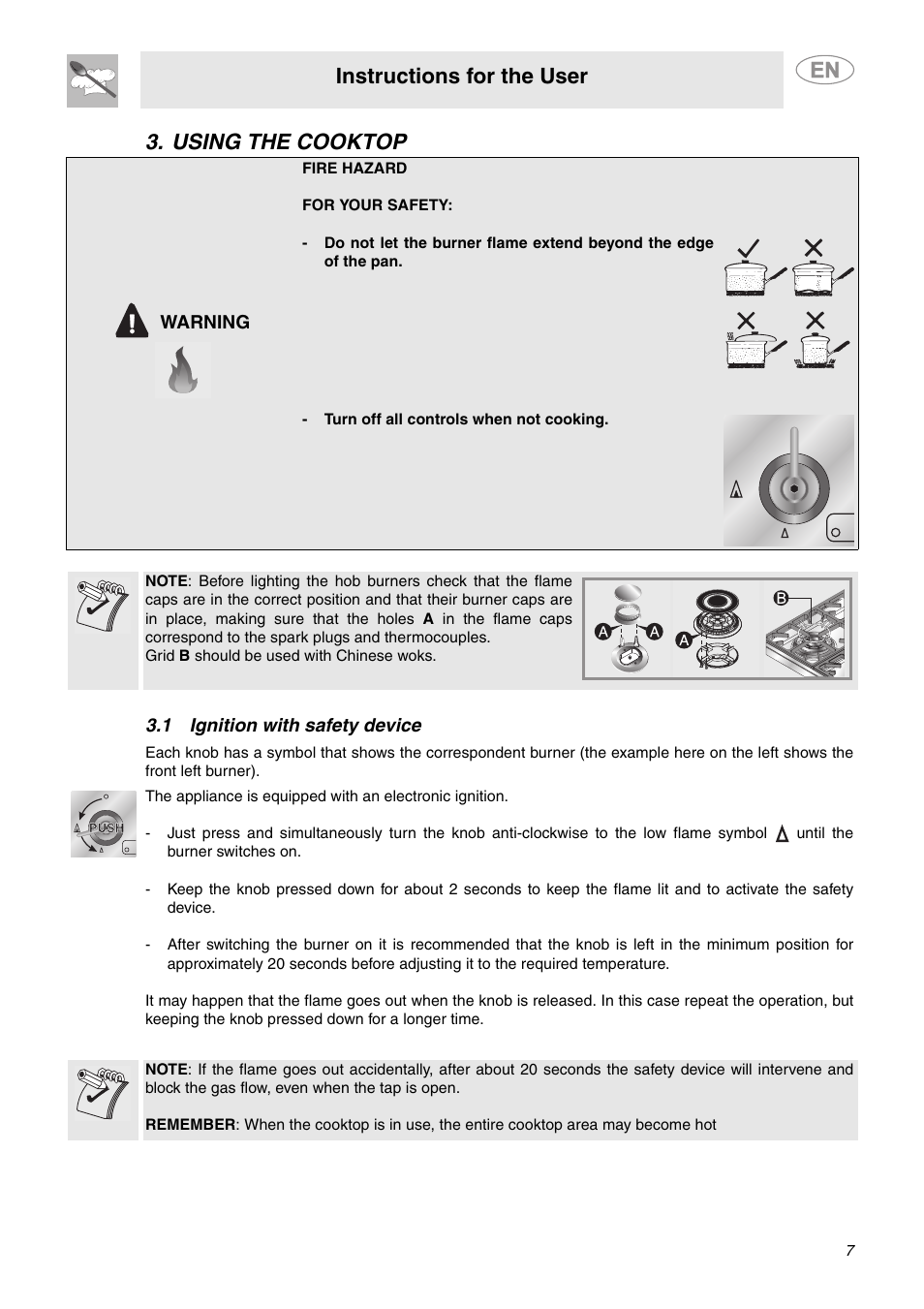 Using the cooktop, 1 ignition with safety device, Instructions for the user | Smeg PGF75SCU3 User Manual | Page 5 / 8