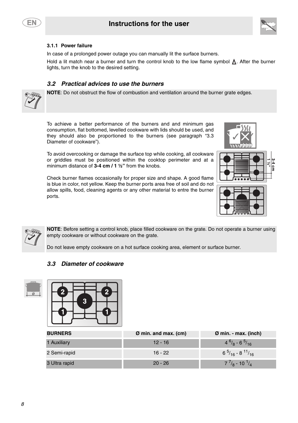 1 power failure, 2 practical advices to use the burners, 3 diameter of cookware | Instructions for the user | Smeg PGF75SCU3 User Manual | Page 6 / 8