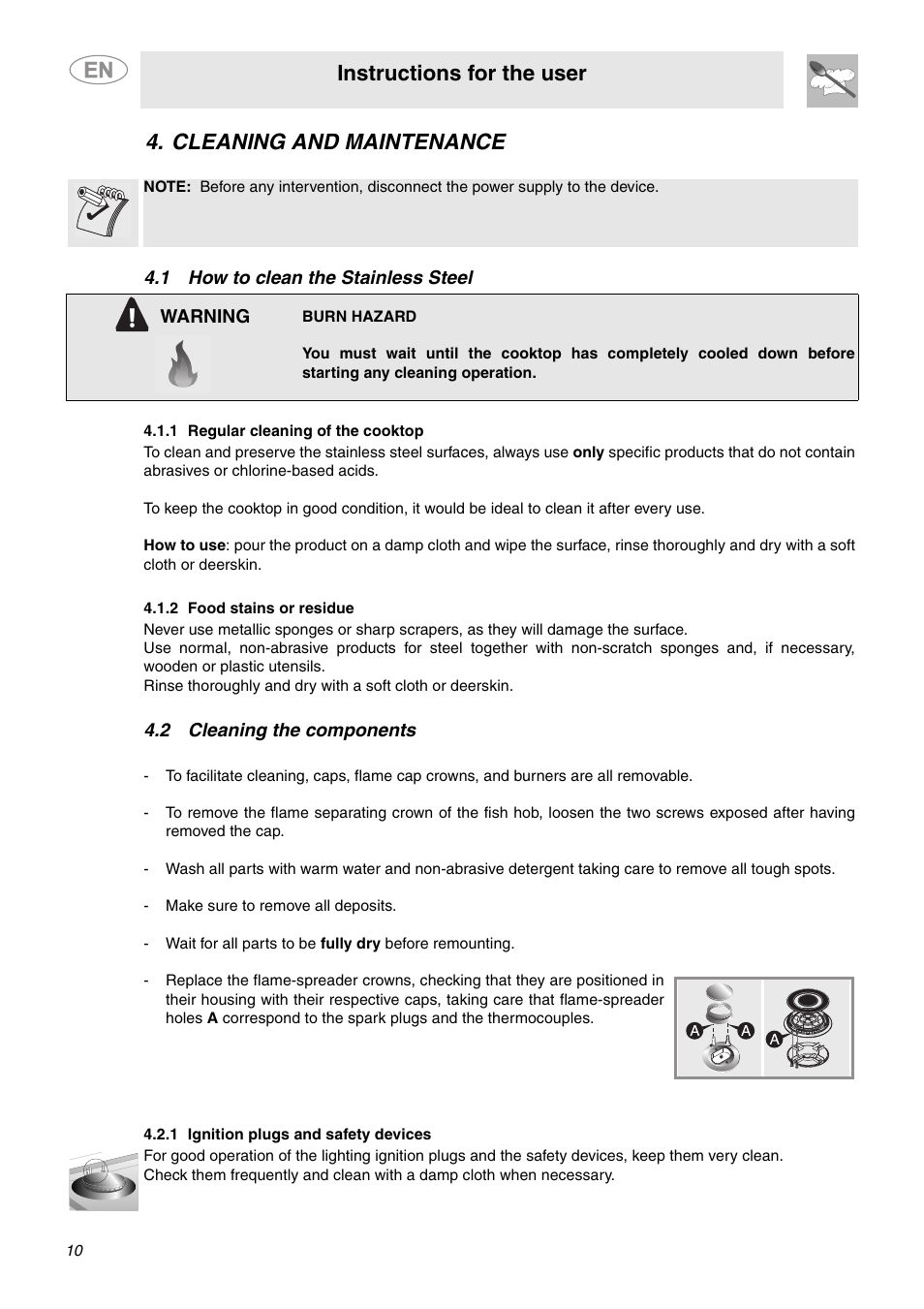Cleaning and maintenance, 1 how to clean the stainless steel, 1 regular cleaning of the cooktop | 2 food stains or residue, 2 cleaning the components, 1 ignition plugs and safety devices, Instructions for the user | Smeg PGF75SCU3 User Manual | Page 8 / 8