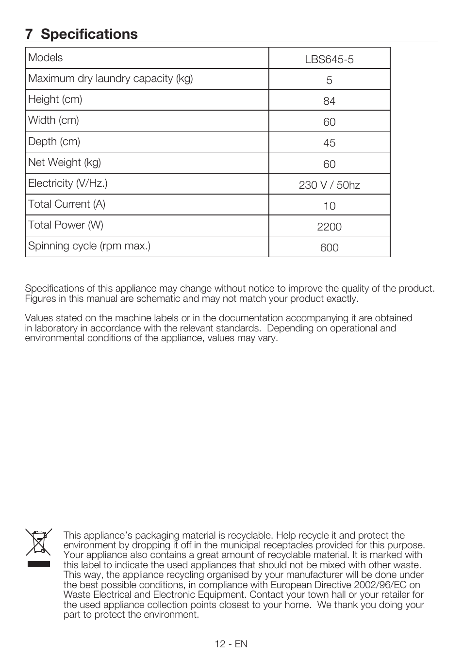 7 specifications | Smeg LBS645-5 User Manual | Page 12 / 12