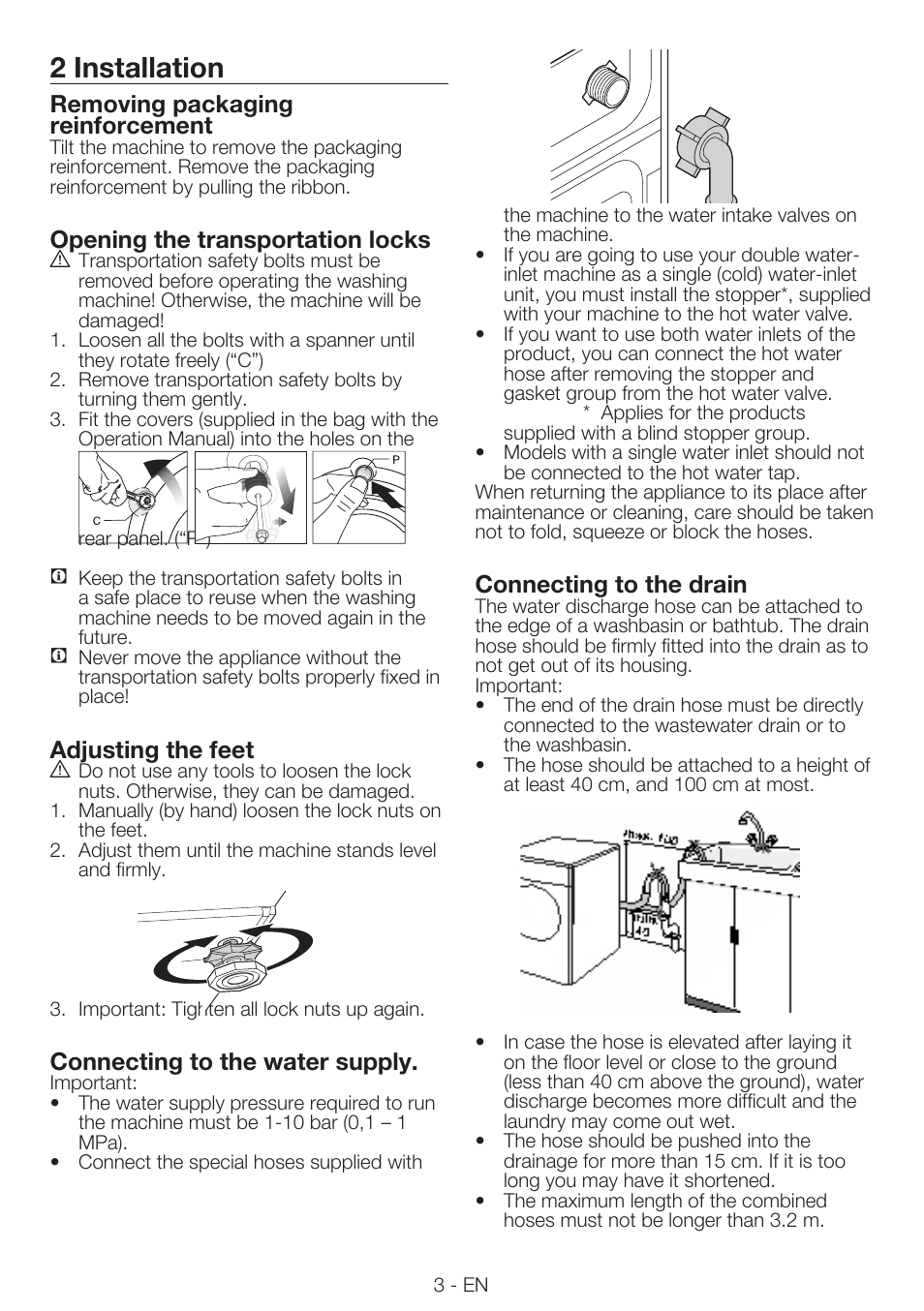 2 installation, Removing packaging reinforcement, Opening the transportation locks | Adjusting the feet, Connecting to the water supply, Connecting to the drain | Smeg LBS645-5 User Manual | Page 3 / 12