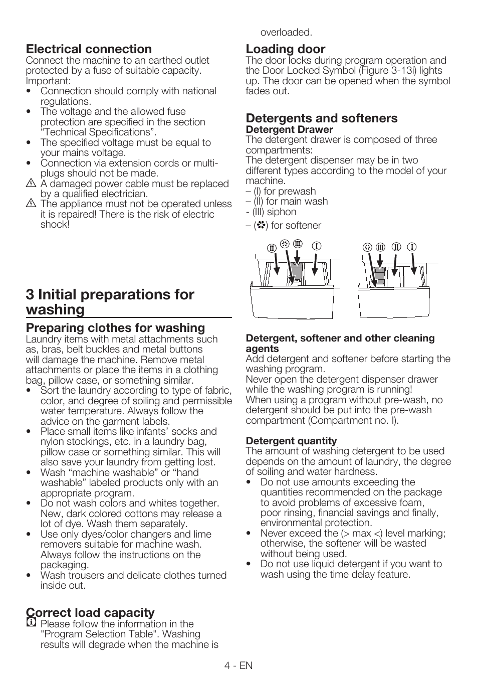 3 initial preparations for washing, Electrical connection, Preparing clothes for washing | Correct load capacity, Loading door, Detergents and softeners | Smeg LBS645-5 User Manual | Page 4 / 12