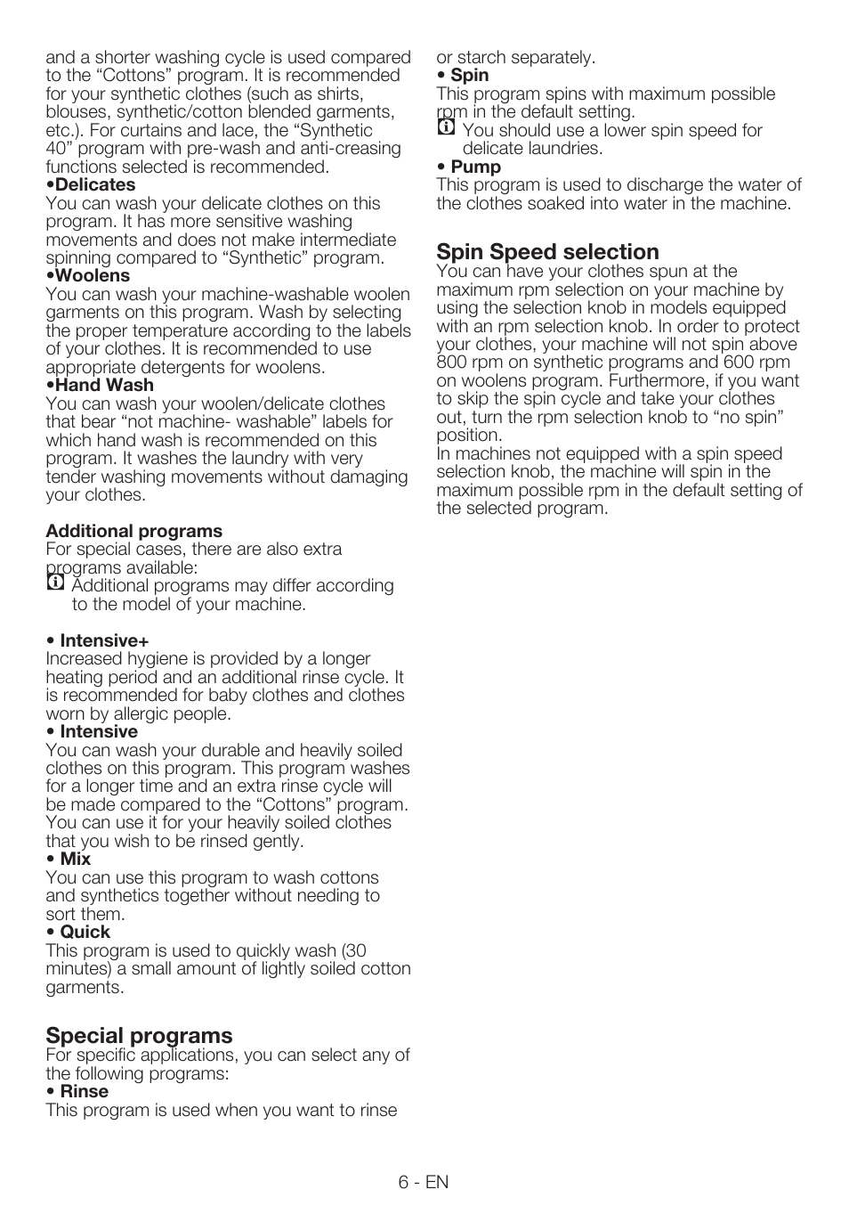 Special programs, Spin speed selection | Smeg LBS645-5 User Manual | Page 6 / 12