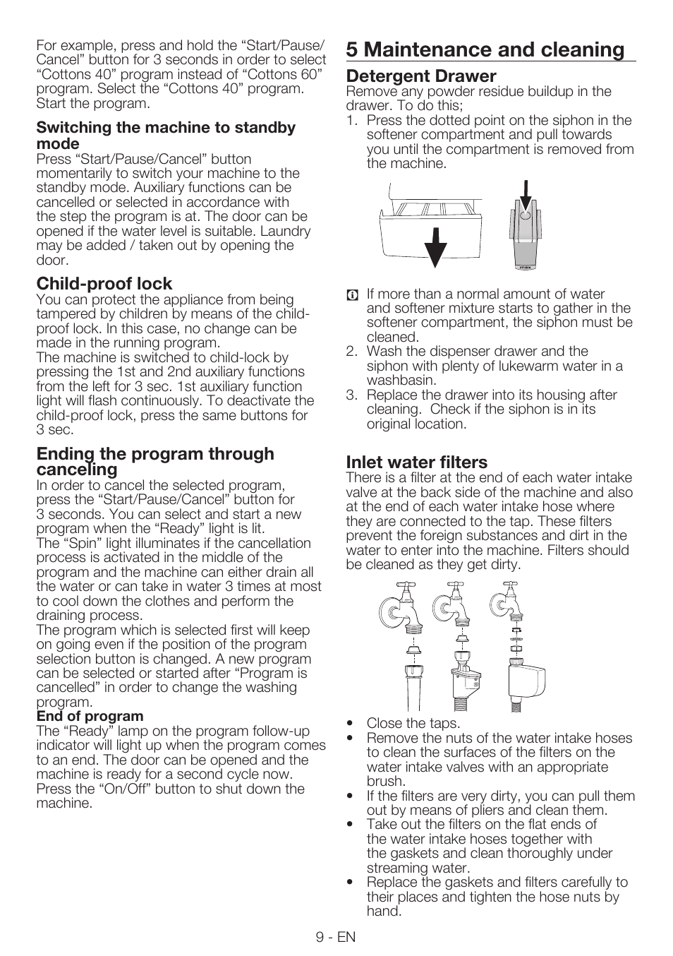 5 maintenance and cleaning, Child-proof lock, Ending the program through canceling | Detergent drawer, Inlet water filters | Smeg LBS645-5 User Manual | Page 9 / 12