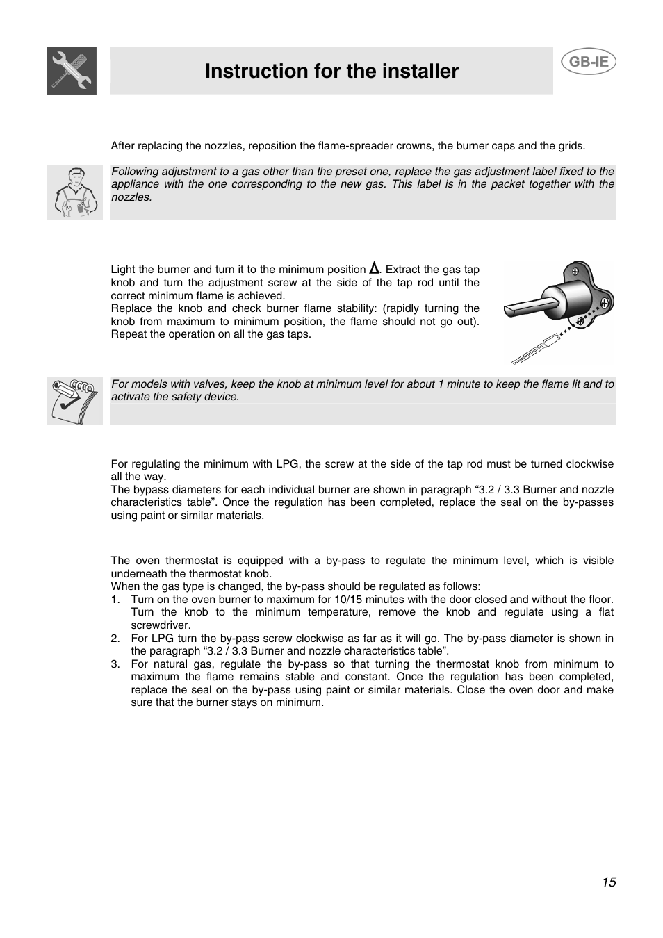 4 final operations, 3 regulation of the oven burner minimum level, Instruction for the installer | Smeg AP91VJME User Manual | Page 13 / 29