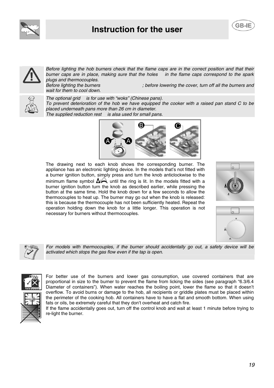 6 use of the cooking hob, 1 lighting of the cooking hob burners, Instruction for the user | Smeg AP91VJME User Manual | Page 17 / 29