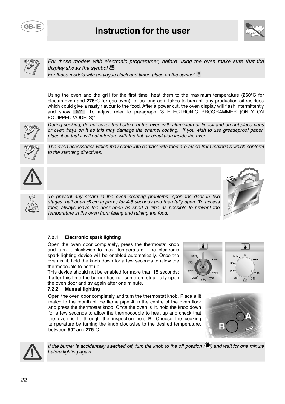 7 use of the oven, 1 warnings and general advice, 2 use of the gas oven | 1 electronic spark lighting, 2 manual lighting, Instruction for the user | Smeg AP91VJME User Manual | Page 20 / 29