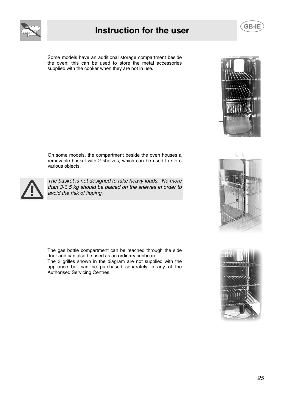 6 upright (certain models only), 7 removable basket (certain models only), 8 gas bottle compartment (certain models only) | Instruction for the user | Smeg AP91VJME User Manual | Page 23 / 29