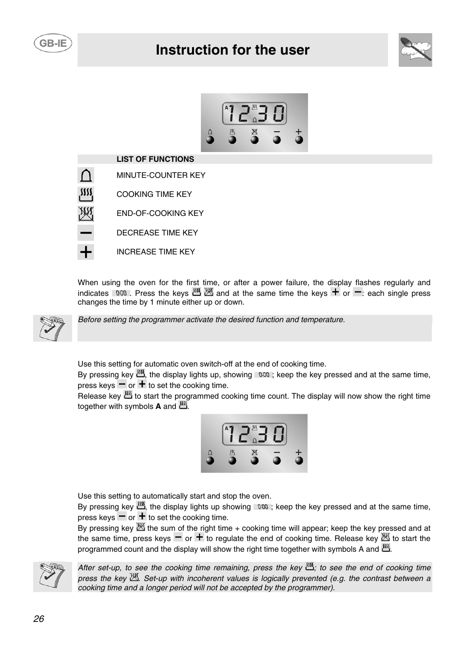 8 electronic programmer (only on equipped models), 1 clock adjustment, 2 semiautomatic cooking | 3 automatic cooking, Instruction for the user | Smeg AP91VJME User Manual | Page 24 / 29